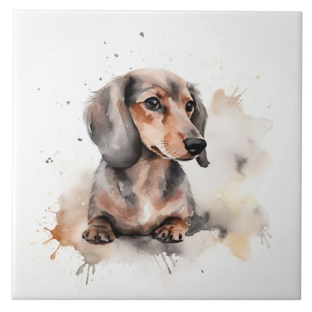 Miniature Dachshund Dog Watercolor pet Tile (Front)