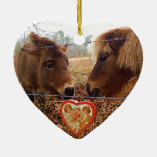 Miniature Donkey & Horse Valentine Heart Ceramic Tree Decoration