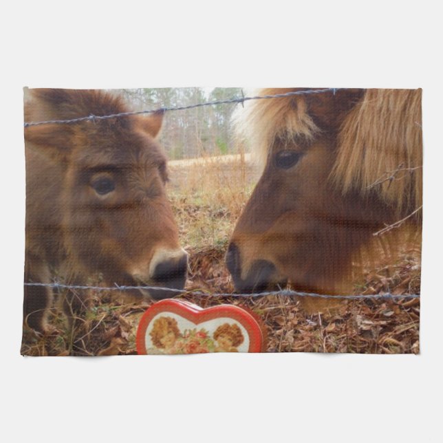 Miniature Donkey & Horse Valentine Heart Tea Towel (Horizontal)