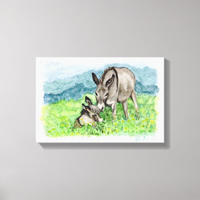 Miniature Donkey Mum and Baby Watercolor Art Canvas Print (Front)