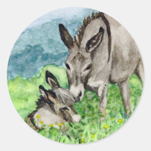 Miniature Donkey Mum and Baby Watercolor Art Classic Round Sticker