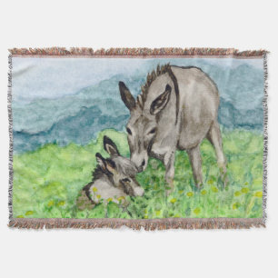 Miniature Donkey Mum and Baby Watercolor Art Throw Blanket