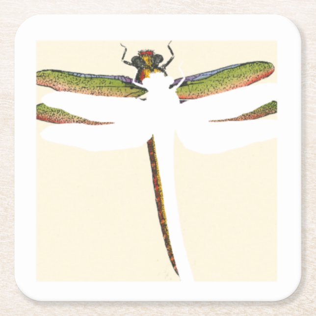 Miniature Dragonfly on White Background Square Paper Coaster (Front)