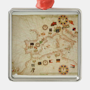 Miniature Nautical Map of the Central Mediterranea Metal Tree Decoration
