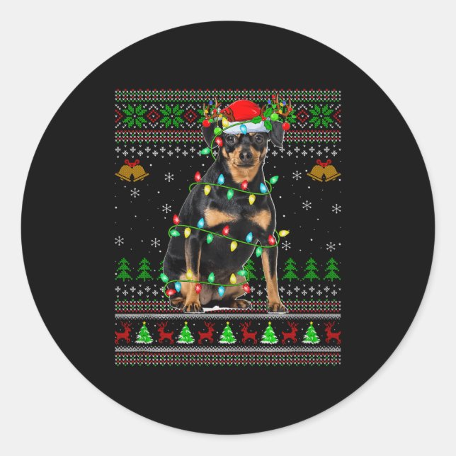 Miniature Nscher Dog Ugly Christmas Sweaters Holid Classic Round Sticker (Front)