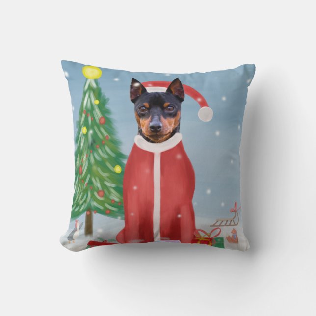 Miniature Pinsch Dog in Snow with Christmas Gifts  Cushion (Front)