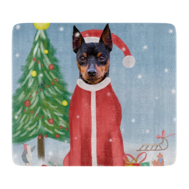 Miniature Pinsch Dog in Snow with Christmas Gifts  Cutting Board (Front)