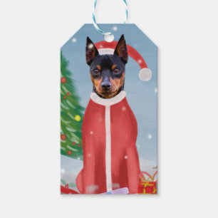 Miniature Pinsch Dog in Snow with Christmas Gifts  Gift Tags