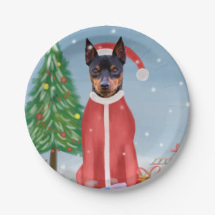 Miniature Pinsch Dog in Snow with Christmas Gifts  Paper Plate