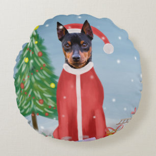 Miniature Pinsch Dog in Snow with Christmas Gifts Round Cushion