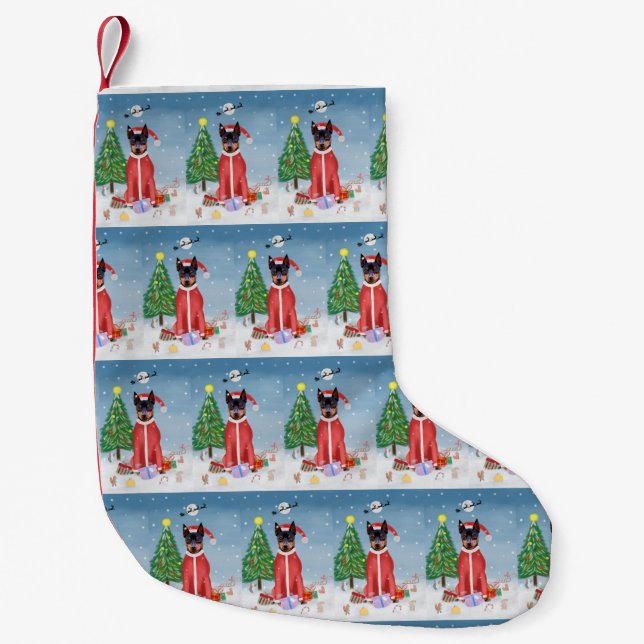 Miniature Pinsch Dog in Snow with Christmas Gifts  Small Christmas Stocking (Front)