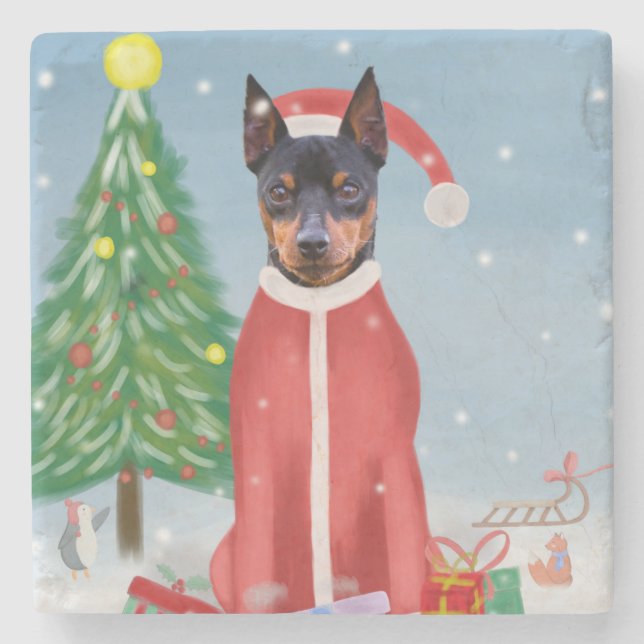 Miniature Pinsch Dog in Snow with Christmas Gifts  Stone Coaster (Front)
