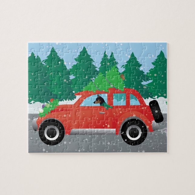 Miniature Pinscher Christmas Car Jigsaw Puzzle (Horizontal)