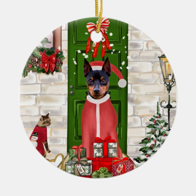 Miniature Pinscher Dog Christmas  Ceramic Tree Decoration (Front)