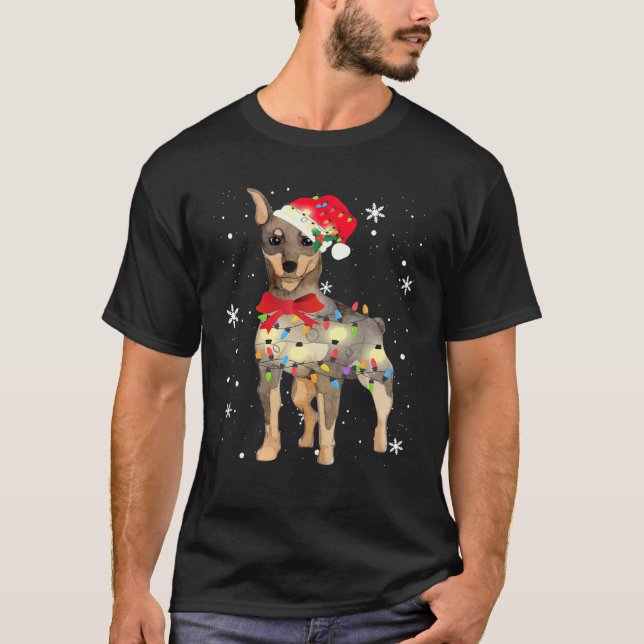 Miniature Pinscher Dog Christmas Light Xmas Mum Da T-Shirt (Front)