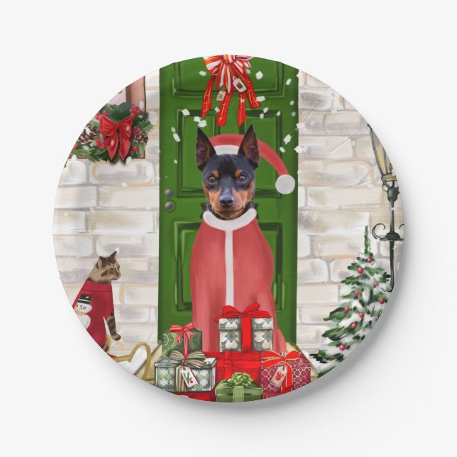 Miniature Pinscher Dog Christmas  Paper Plate (Front)
