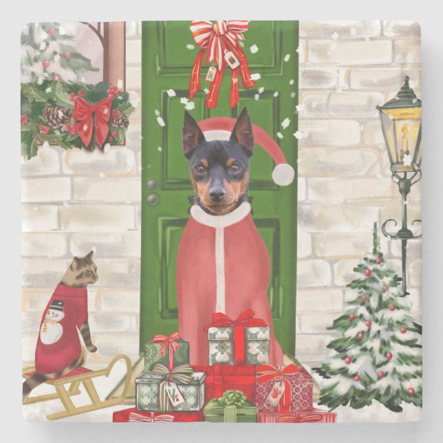 Miniature Pinscher Dog Christmas  Stone Coaster (Front)