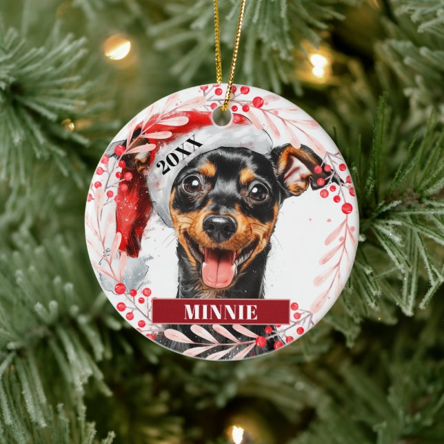 Miniature Pinscher in Santa Hat Christmas Ornament (Tree)