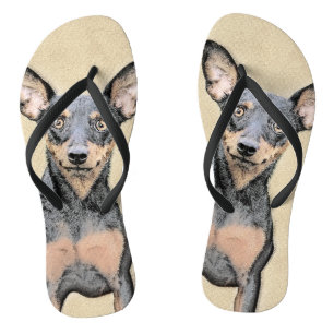Miniature Pinscher Painting Cute Original Dog Art Flip Flops