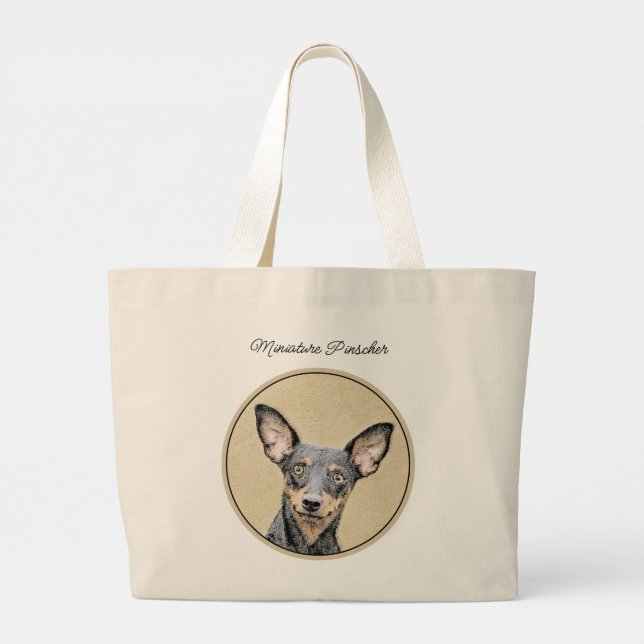 Miniature Pinscher Painting Cute Original Dog Art Large Tote Bag (Back)