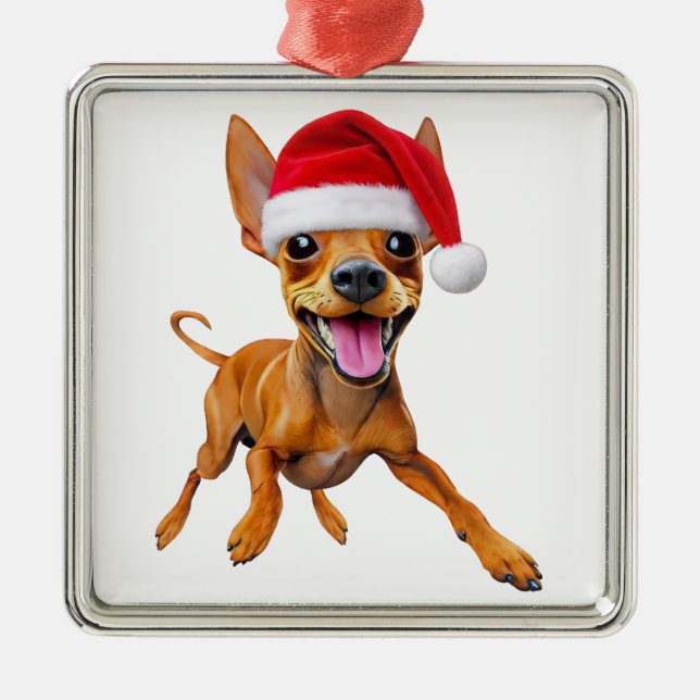 Miniature Pinscher Santa Hat Christmas Dog Min Pin Metal Tree Decoration (Front)