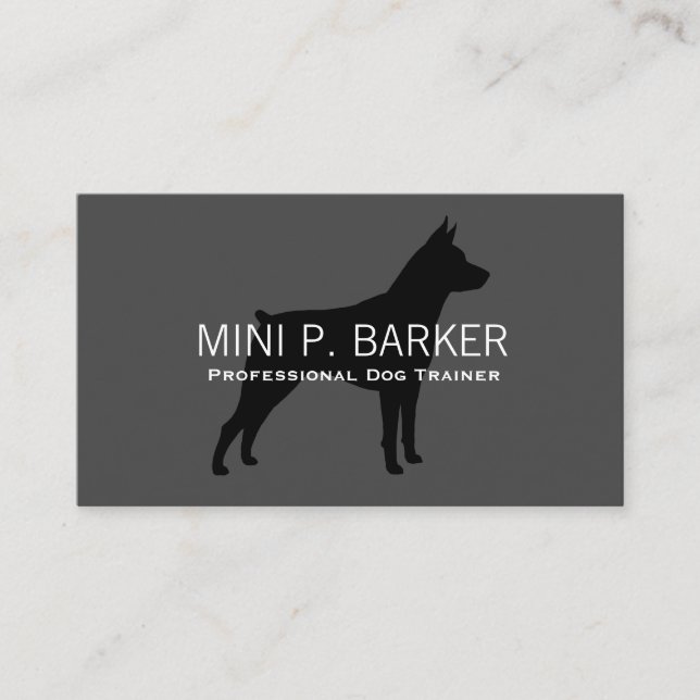 Miniature Pinscher Silhouette Black on Grey Business Card (Front)