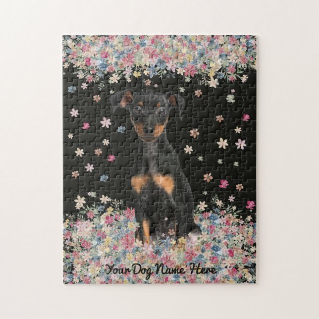 Miniature Pinscher sitting flower land Jigsaw Puzzle (Vertical)