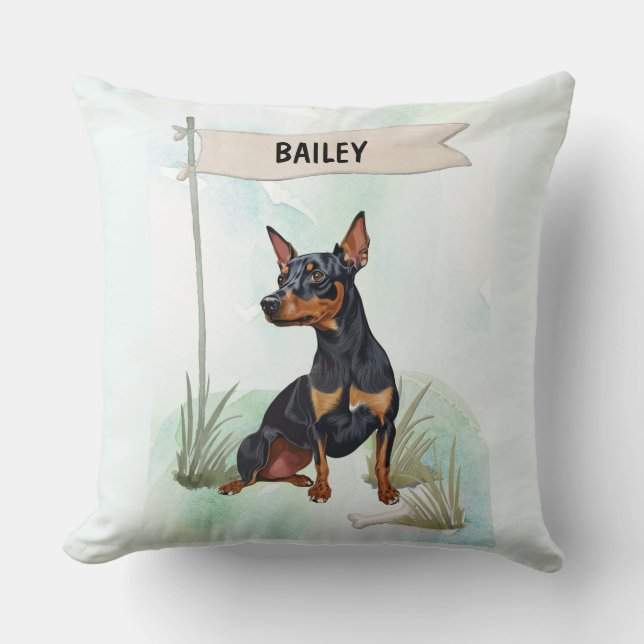 Miniature Pinscher Watercolor Personalised Dog Cushion (Front)