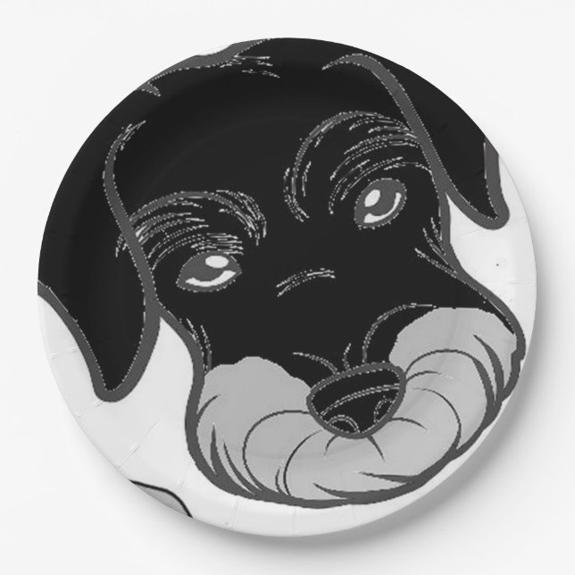 miniature schnauzer black and silver peeking paper plate (Front)