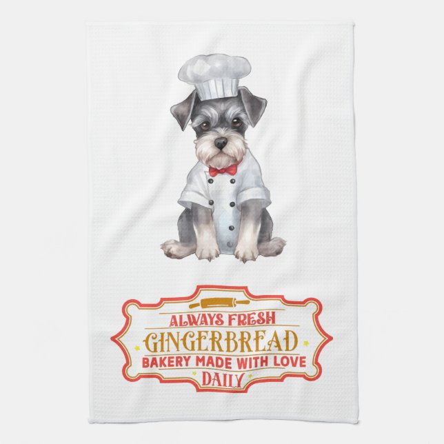 Miniature Schnauzer Chef Baking Gingerbread Tea Towel (Vertical)