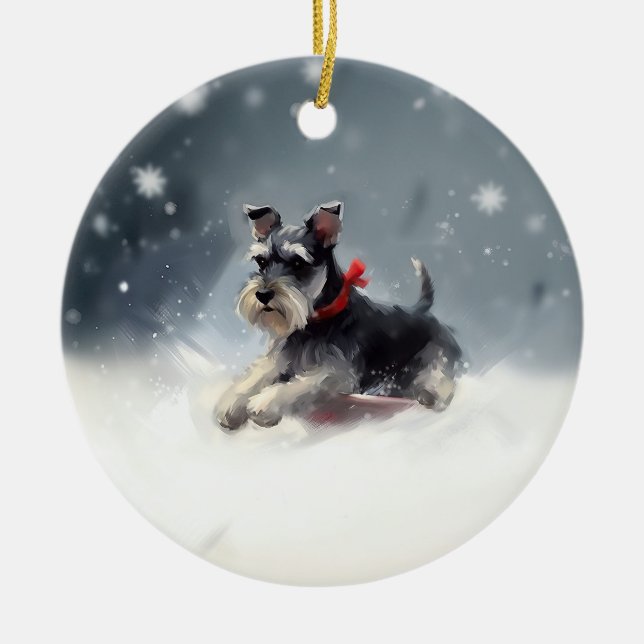 Miniature Schnauzer Christmas snow winter Ceramic Tree Decoration (Front)