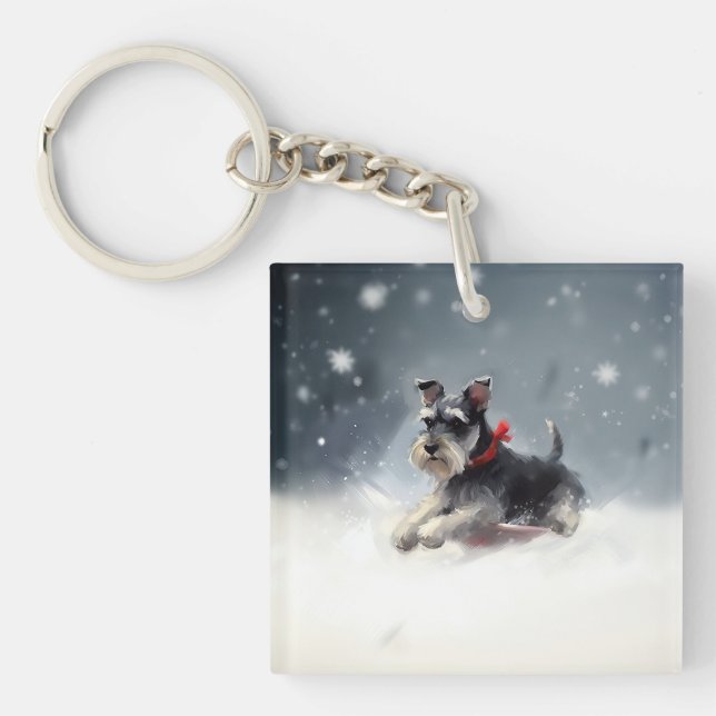 Miniature Schnauzer Christmas snow winter Key Ring (Front)