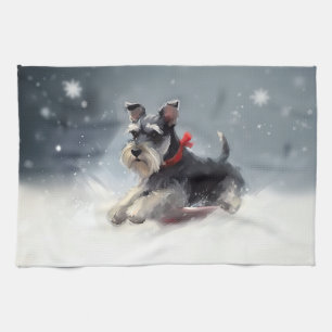 Miniature Schnauzer Christmas snow winter Tea Towel
