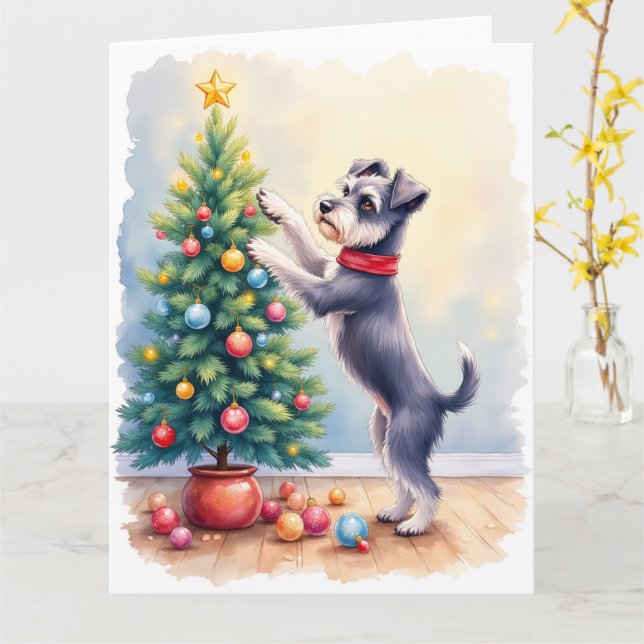 Miniature Schnauzer Decorating Christmas Tree Dog  Card (Yellow Flower)