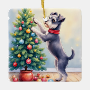 Miniature Schnauzer Decorating Christmas Tree Dog Ceramic Ornament