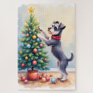 Miniature Schnauzer Decorating Christmas Tree Dog Jigsaw Puzzle