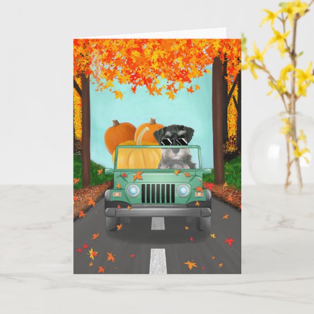 Miniature Schnauzer Dog Fall Pumpkin Card (Yellow Flower)