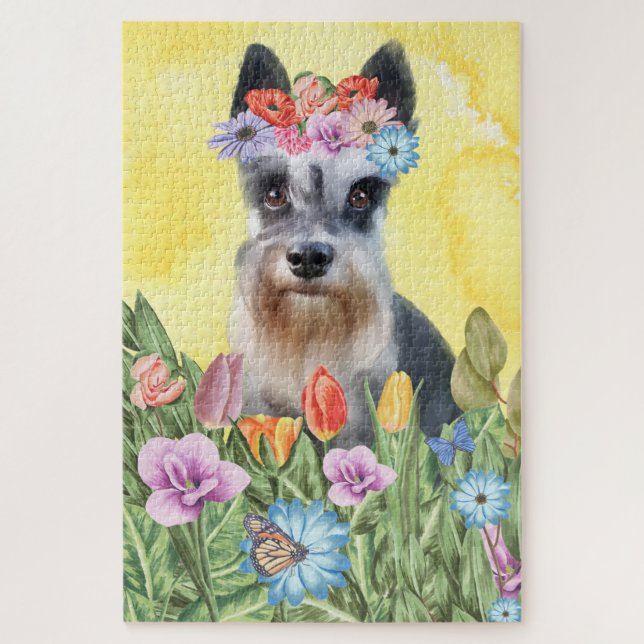 Miniature Schnauzer Dog Flowers Jigsaw Puzzle (Vertical)
