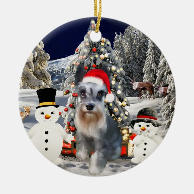 Miniature Schnauzer Dog In Snow Christmas Hat Ceramic Tree Decoration (Front)