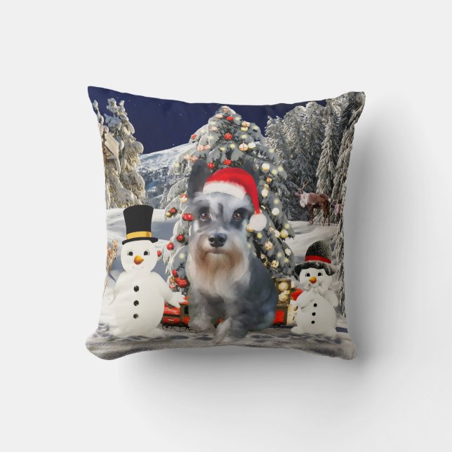 Miniature Schnauzer Dog In Snow Christmas Hat Cushion (Front)