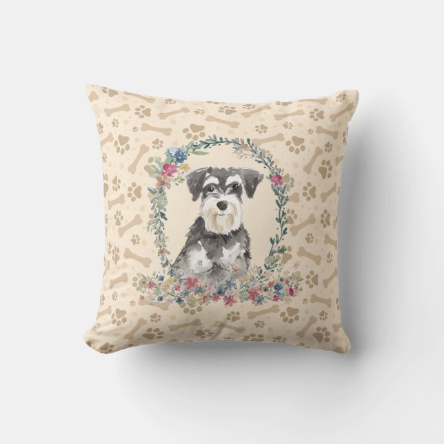 Miniature Schnauzer Dog Paw Print & Floral Cute Cushion (Front)