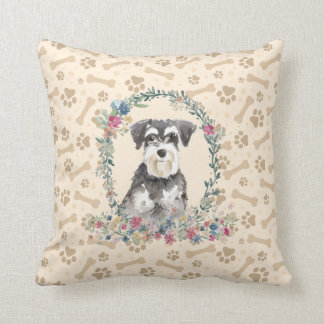 Miniature Schnauzer Dog Paw Print & Floral Cute Cushion