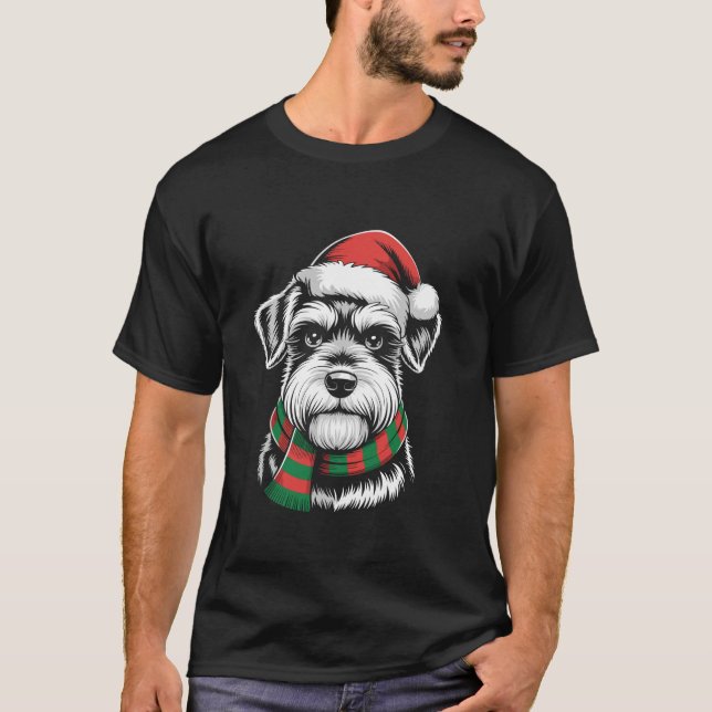 Miniature Schnauzer Dog Santa Hat Scarf Christmas  T-Shirt (Front)