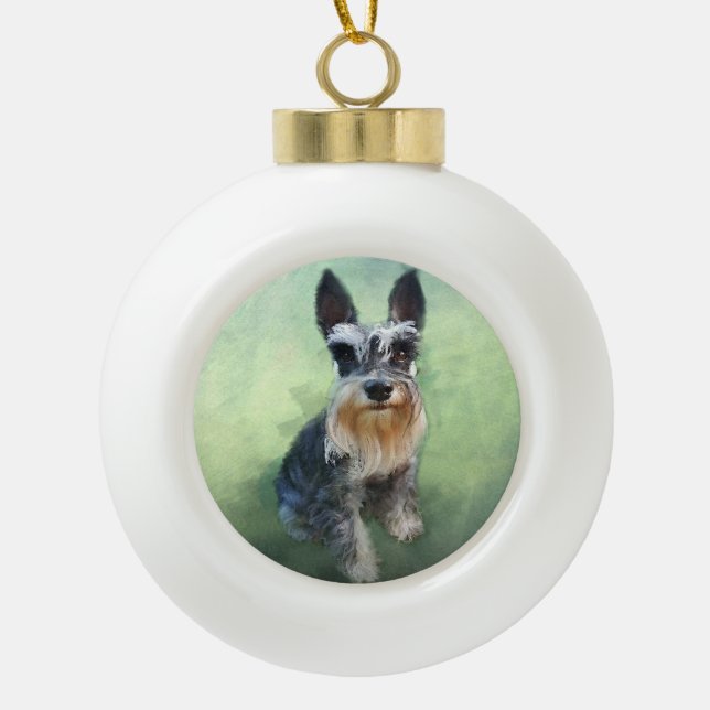 Miniature Schnauzer Dog Water Colour Art Painting Ceramic Ball Christmas Ornament (Front)
