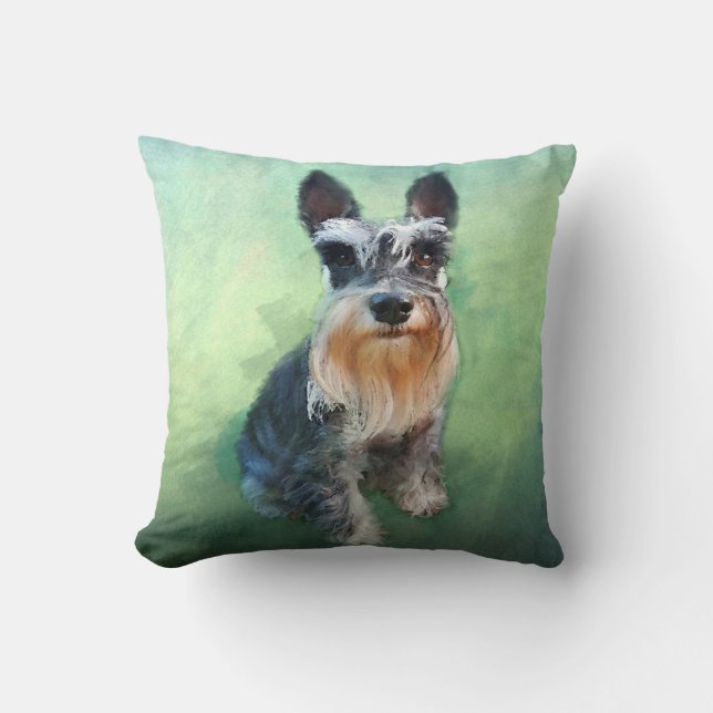 Miniature Schnauzer Dog Water Colour Art Painting Cushion (Front)