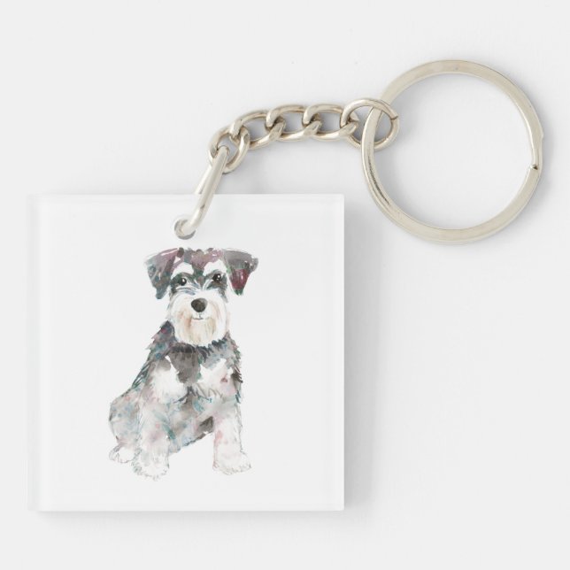 Miniature Schnauzer dog watercolors illustration T Key Ring (Back)