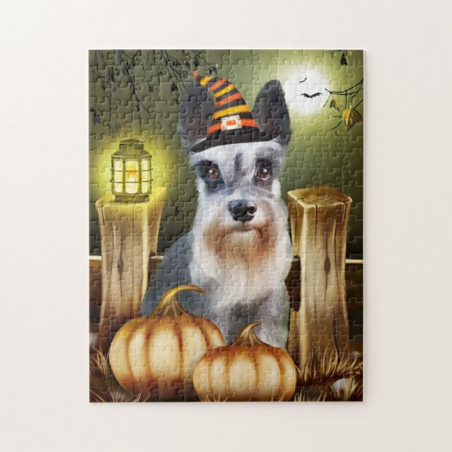 Miniature Schnauzer Dog with Witch Hat Halloween Jigsaw Puzzle (Vertical)