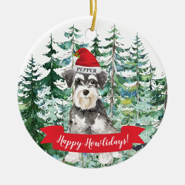 Miniature Schnauzer Happy Howlidays Dog Ceramic Tree Decoration (Front)
