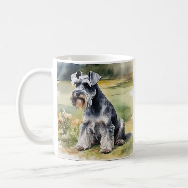 Miniature Schnauzer in the garden - Watercolor Coffee Mug (Left)