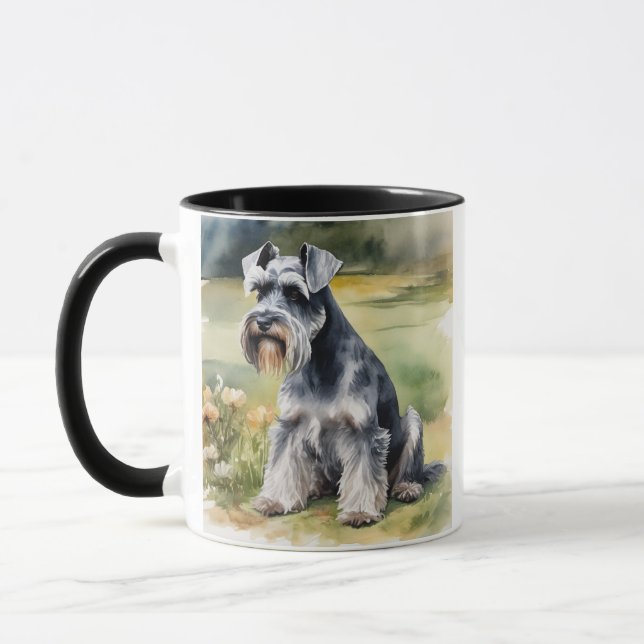 Miniature Schnauzer in the garden - Watercolor Mug (Left)